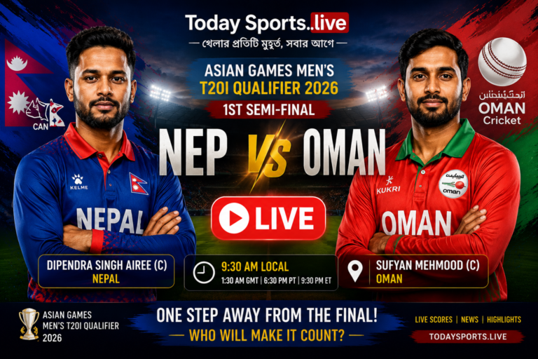 Cricket match Live- Nepal vs Oman, 1st Semi-Final (A1 v B2), Asian Games Men's T20I Qualifier, 2026