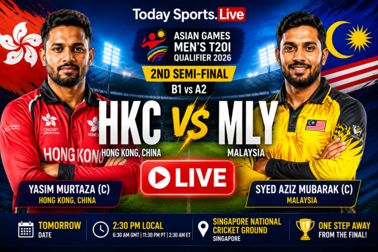 Cricket match Live - Hong Kong, China vs Malaysia, 2nd Semi-Final (B1 v A2), Asian Games Men's T20I Qualifier, 2026